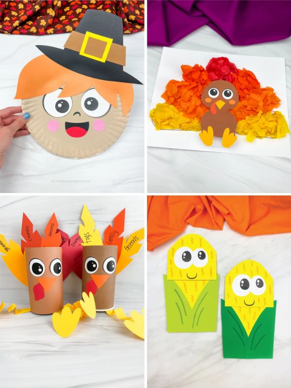 collage of easy thanksgiving crafts for kids