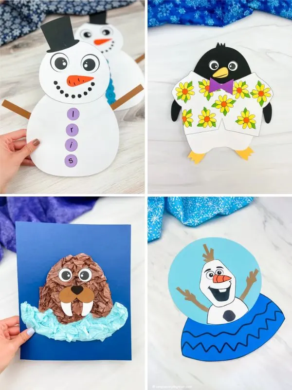 collage of children's winter crafts