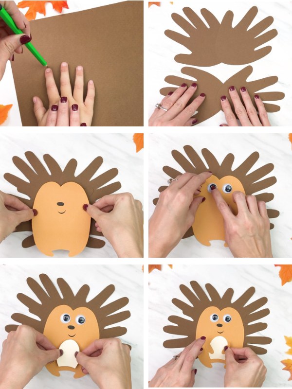 in process handprint hedgehog craft image collage