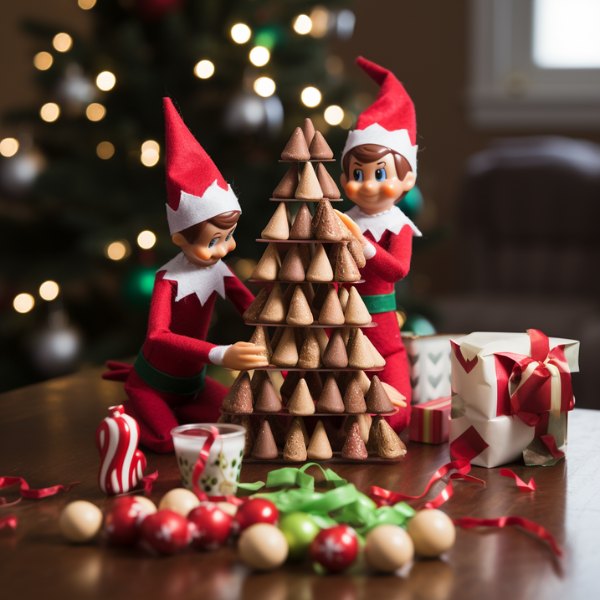 2 elf on the shelf dolls building a chocolate chip Christmas tree