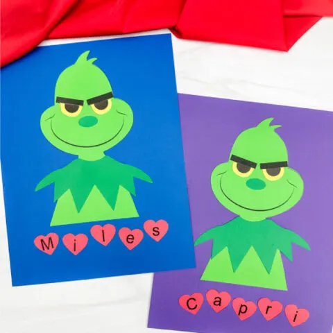 dual photo of grinch name craft side by side