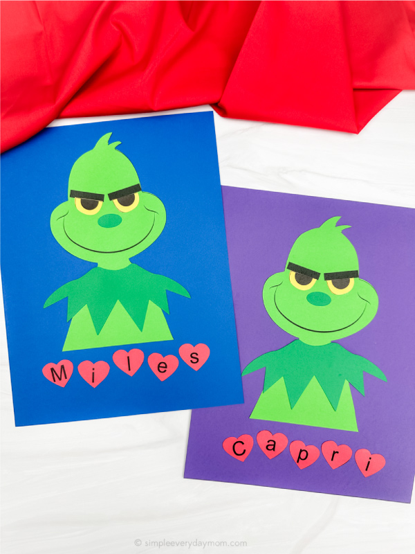 dual photo of grinch name craft side by side