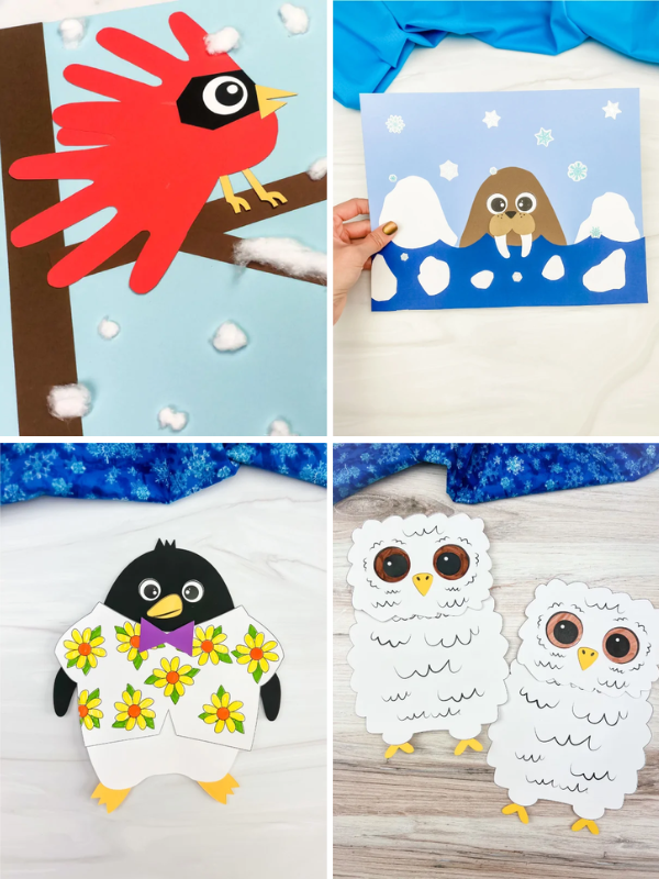 collage of childrens winter crafts