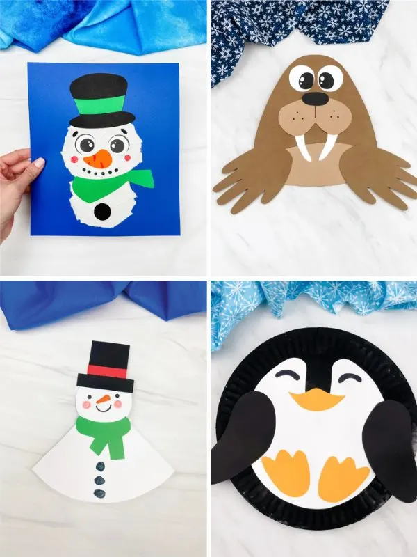 collage of easy winter themed crafts