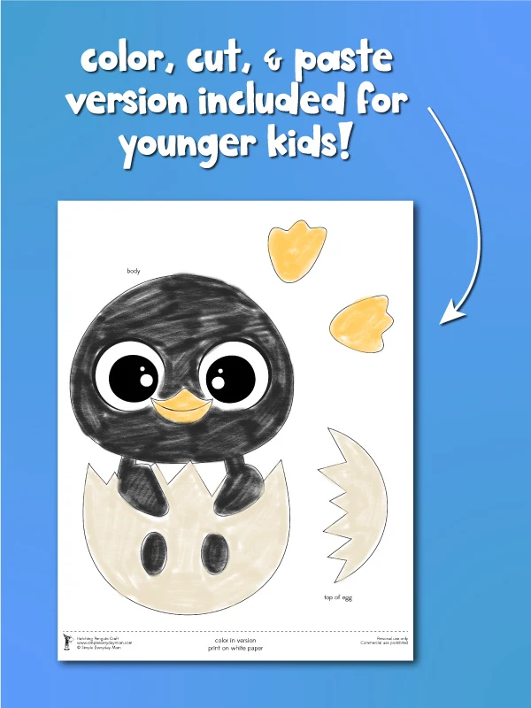 color, cut & paste template of hatching penguin craft