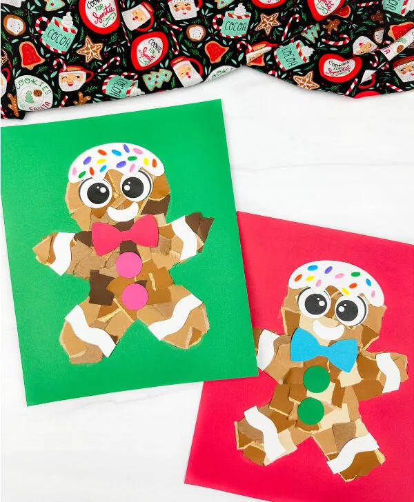 two versions of torn paper gingerbread craft side by side