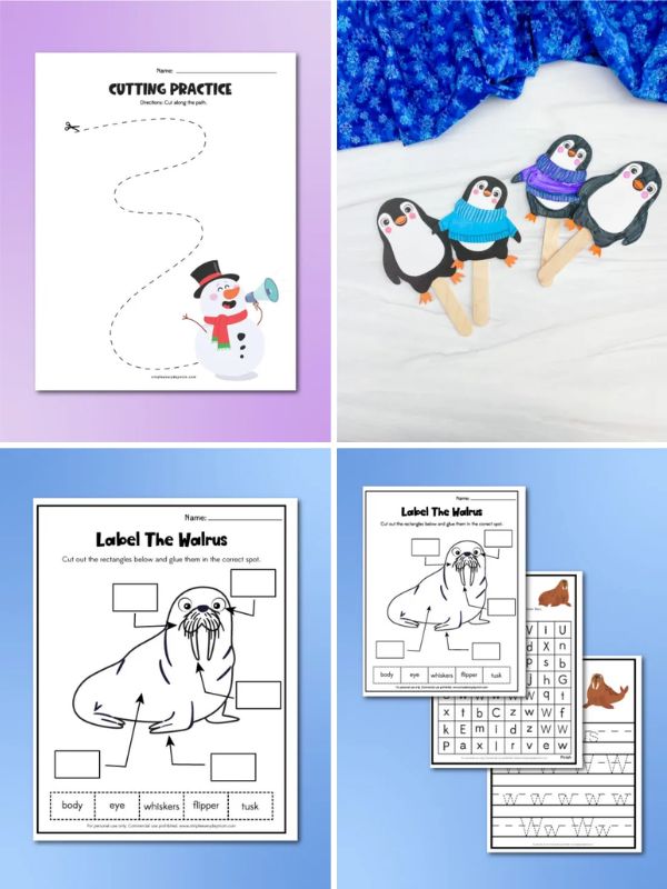 collage of winter themed activities for preschoolers