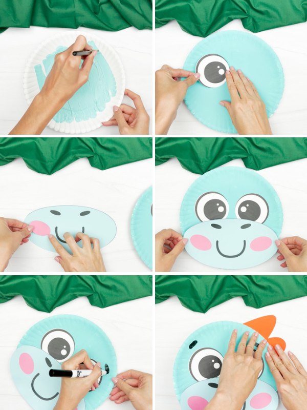 in process photo collage of creating a dinosaur paper plate craft