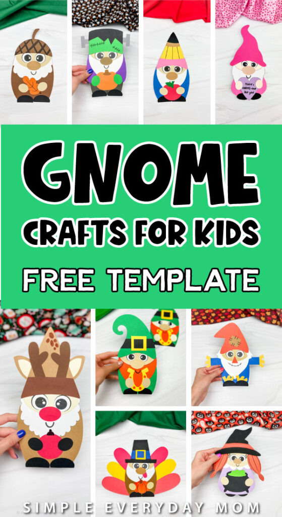 gnome craft image collage with the words gnome crafts for kids free template in the middle 