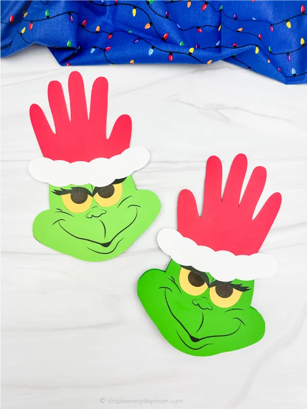 dual image of grinch handprint craft side by side