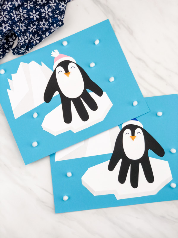 two image of handprint penguin craft