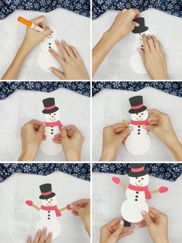 in process photo collage of creating a snowman craft based upon the book, "How To Catch A Snowman" 