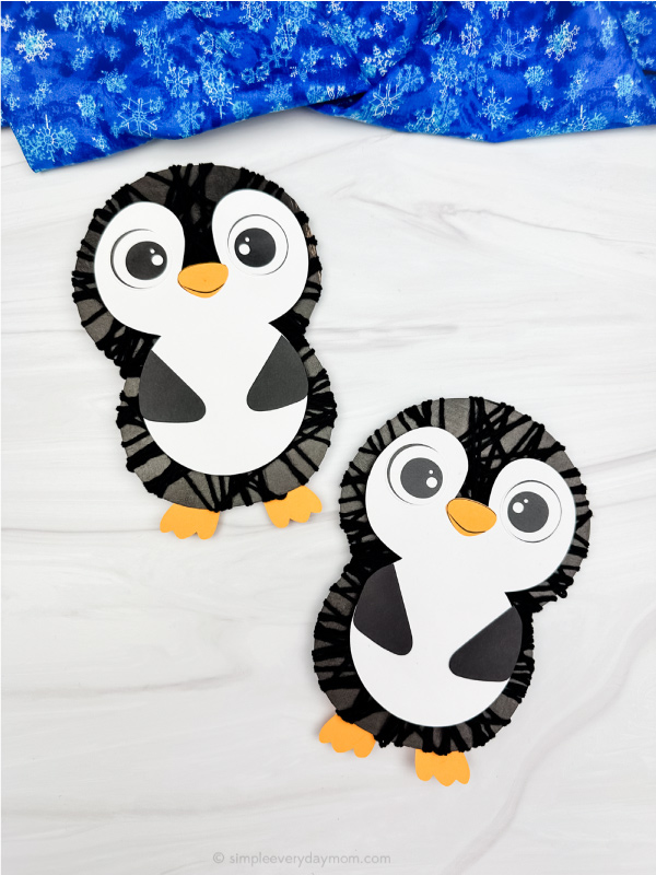 dual photo of yarn penguin craft side by side