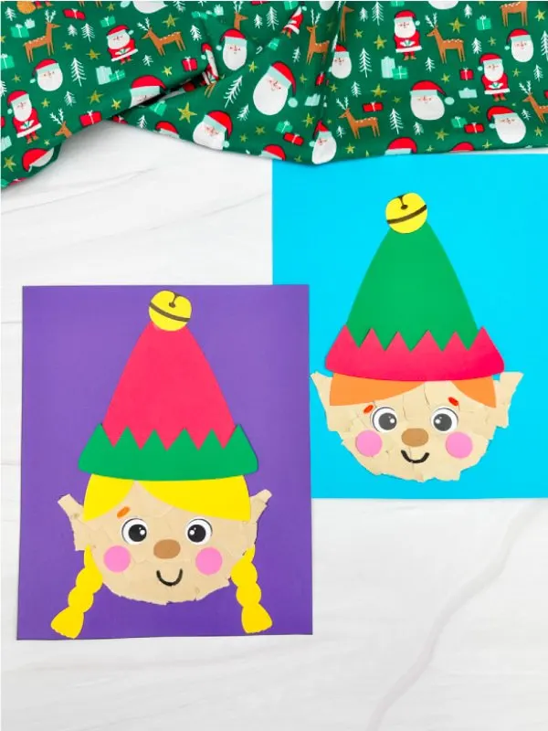 2 torn paper elf crafts, one boy and one girl 
