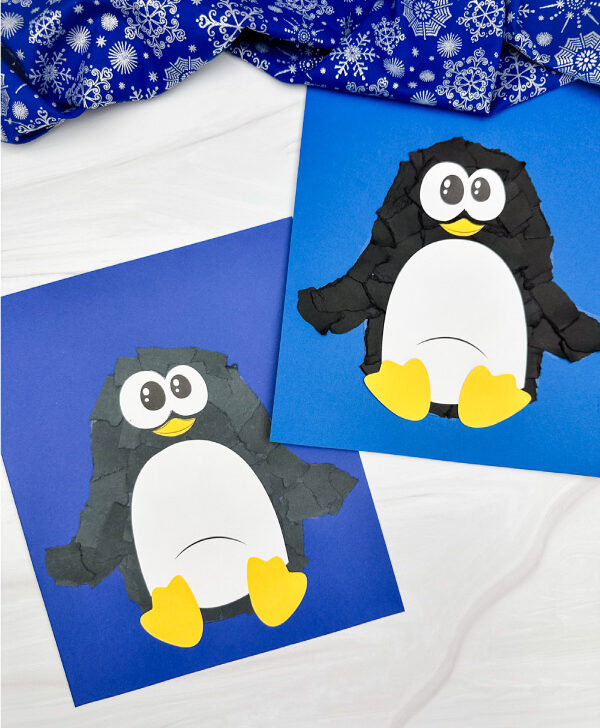 dual image of torn paper penguin craft side by side