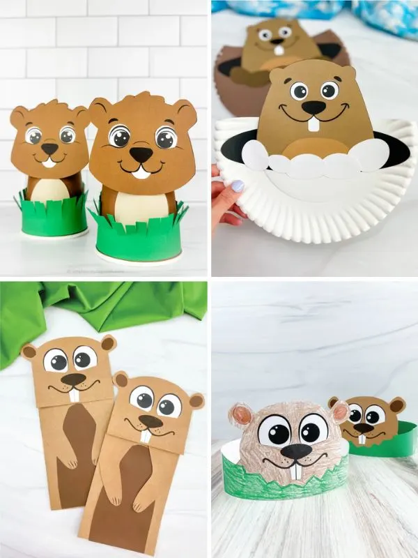 collage of groundhog kindergarten crafts