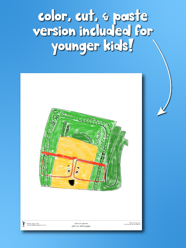 color, cut and paste version template of I am money kids craft