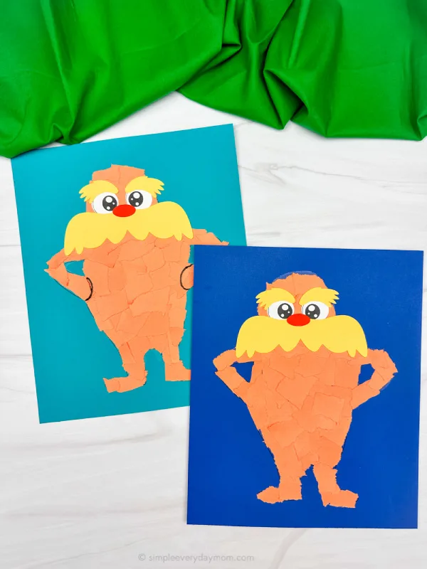 two image of torn paper lorax craft side by side