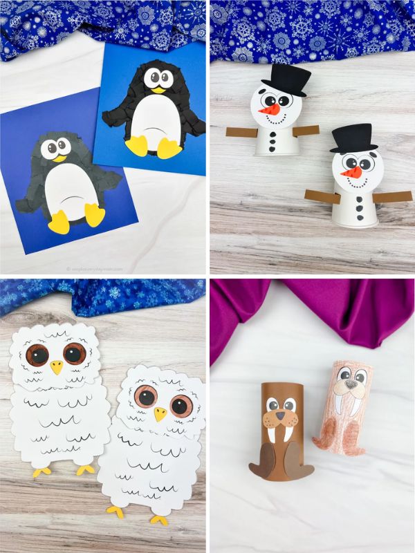 collage of winter craft projects for kids