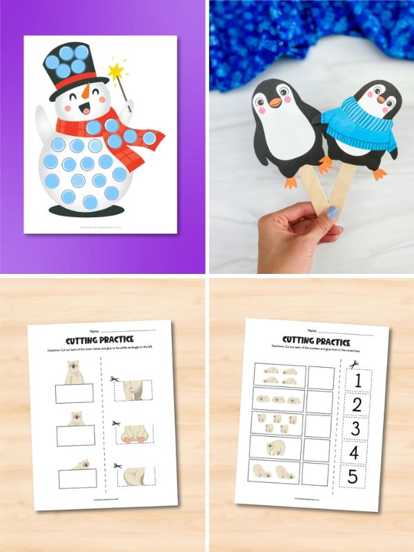 collage of winter paper activities for kids