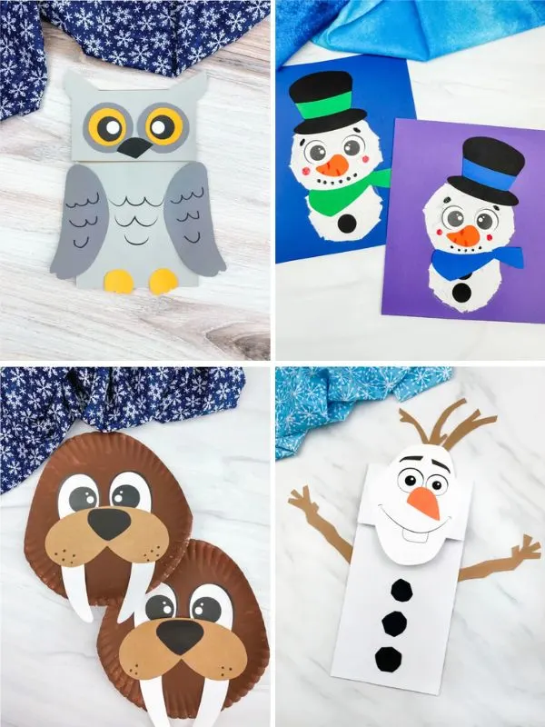 collage of winter theme crafts for kids