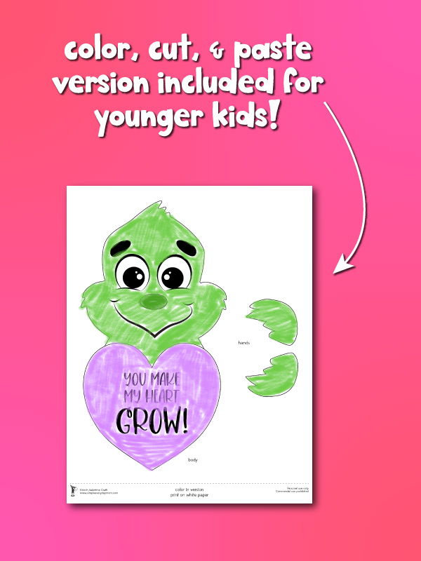 color, cut and paste template of grinch valentines craft