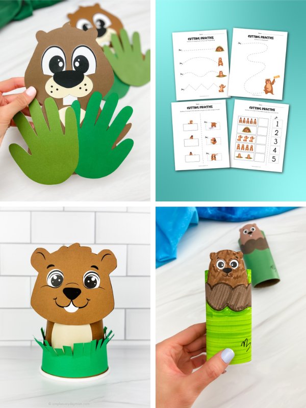 4 image collage of groundhog day activities for kids