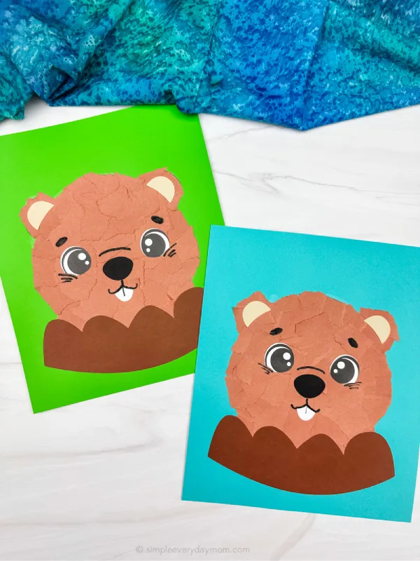 two image of torn paper groundhog craft side by side