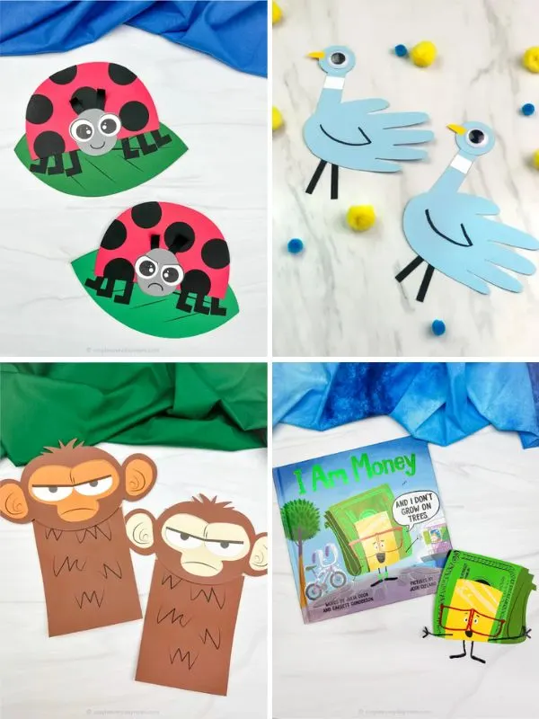 collage of kids book crafts 