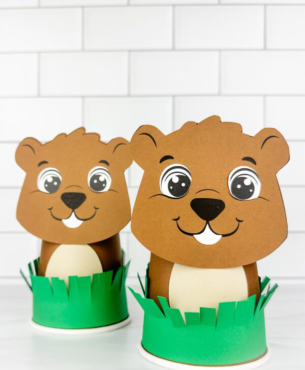 two image of groundhog cup craft beside each other