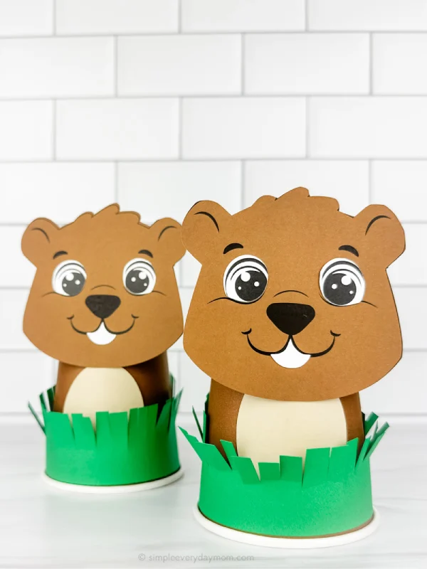 two image of groundhog cup craft beside each other