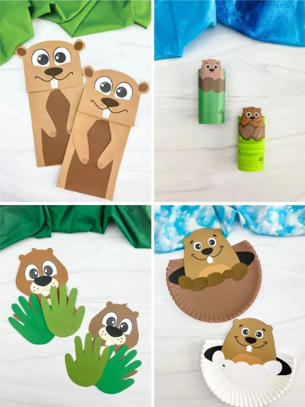 collage of printable groundhog day crafts