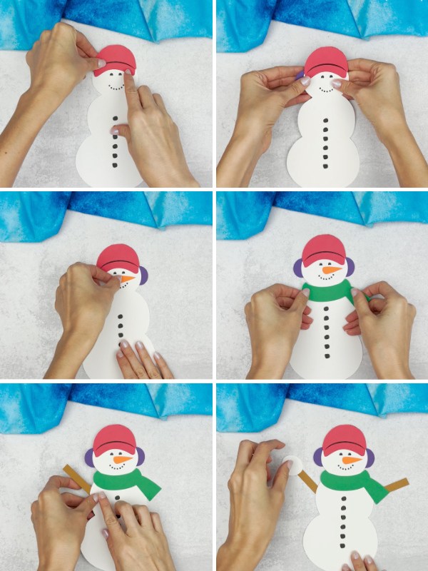 in process photo collage of creating a snowmen at night craft