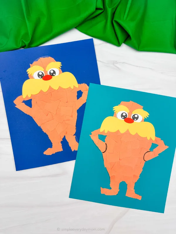 two image of torn paper lorax craft side by side