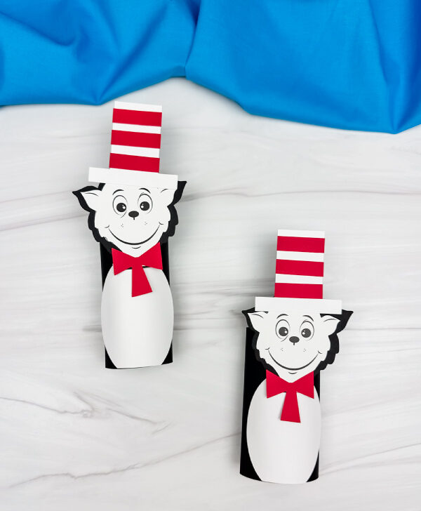 two image of cat in the hat toilet paper roll