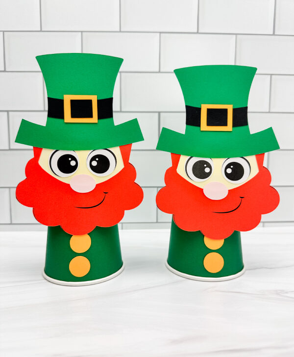 two image of leprechaun paper cup craft