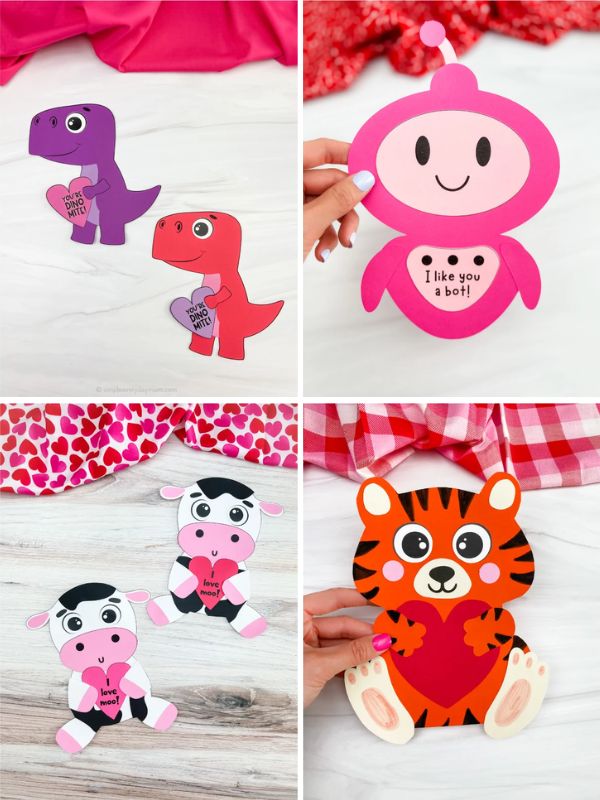 collage of printable valentines crafts