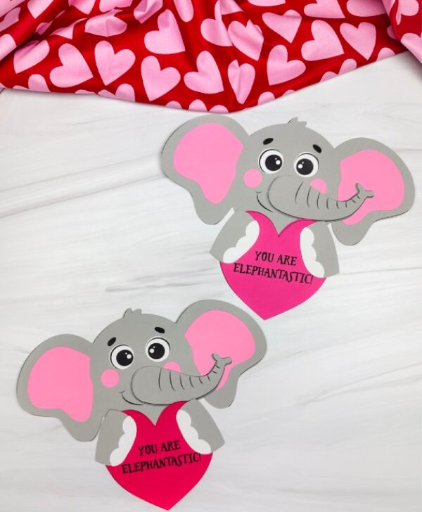 two image of elephant valentine craft side by side