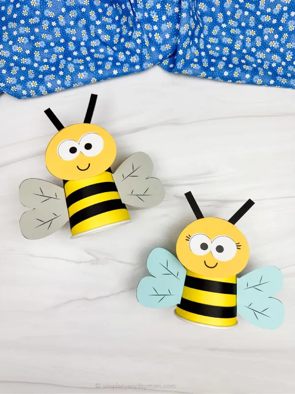 two image of bee paper cup craft