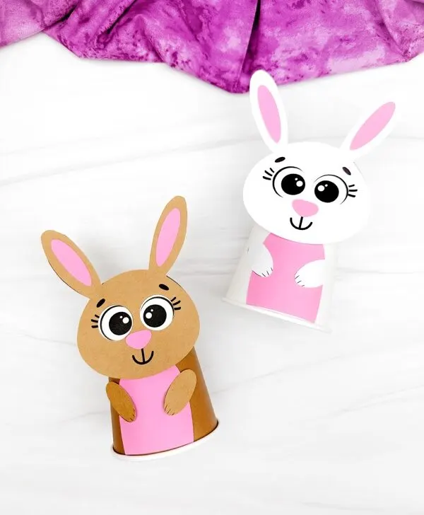 Featured image of two examples finished Bunny Paper Cup Craft