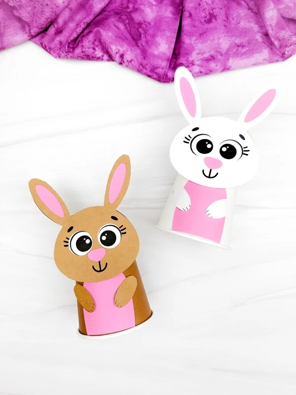 Featured image of two examples finished Bunny Paper Cup Craft