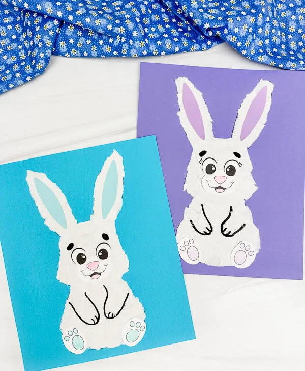 Featured image of two examples of finished torn paper bunny craft