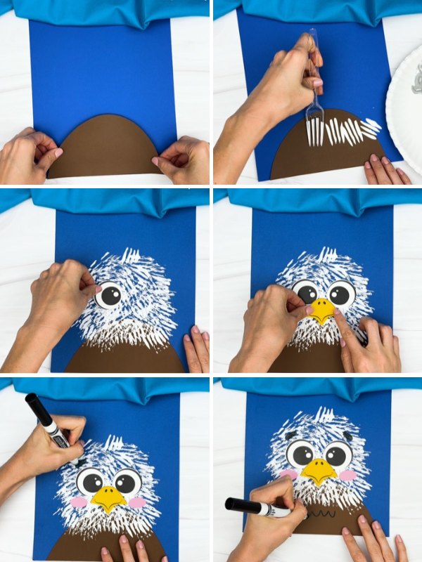in process photo collage of creating a fork painted eagle craft