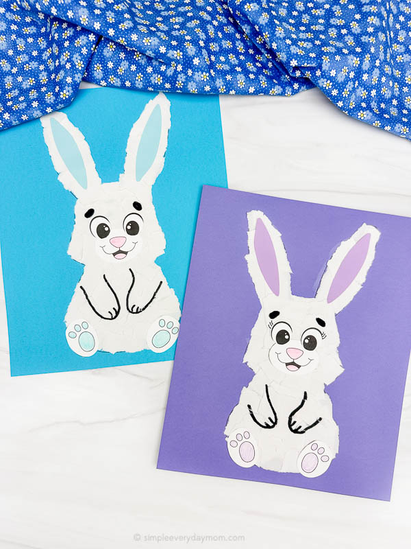 two examples of finished torn paper bunny craft
