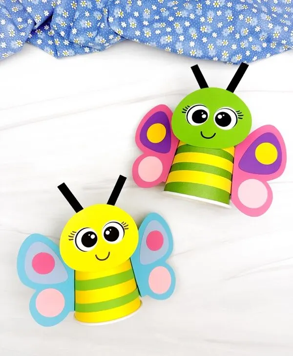 Featured image of two example finished Butterfly Paper Cup Craft