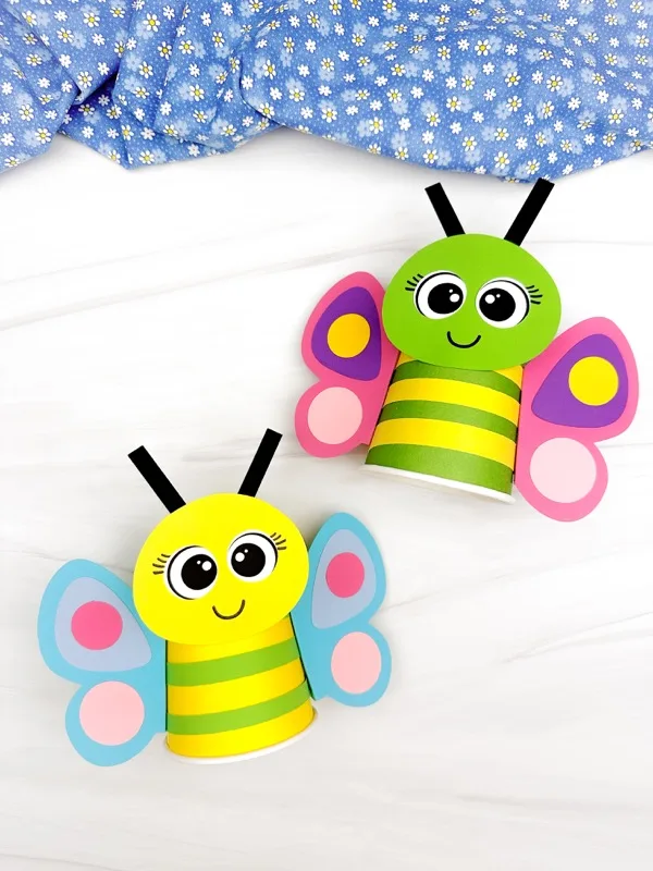 Featured image of two example finished Butterfly Paper Cup Craft