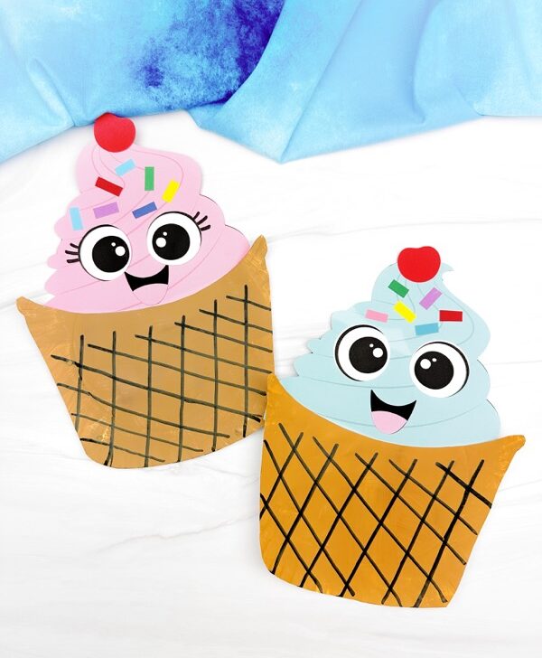 Featured image of two examples of finished Paper Plate Ice Cream Craft