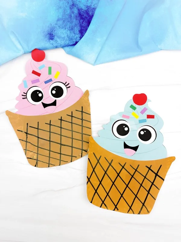 Featured image of two examples of finished Paper Plate Ice Cream Craft