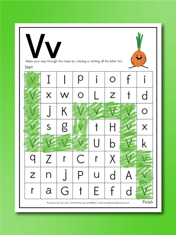 Printable Image of Letter V Vegetables Worksheet