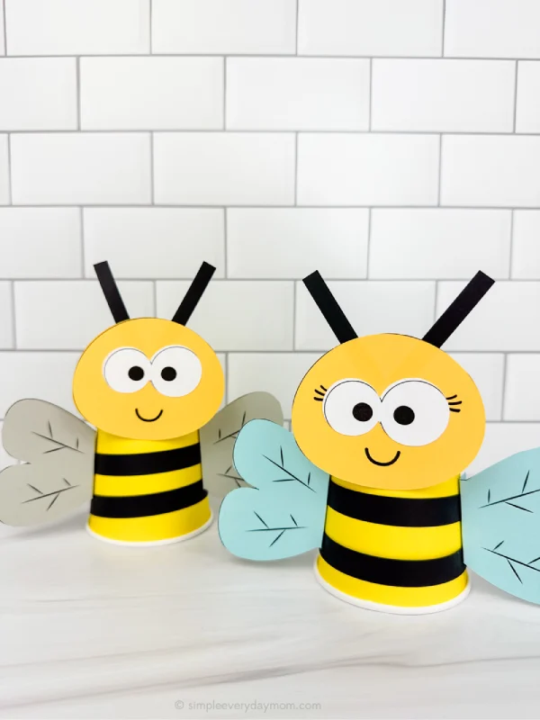 two image of bee paper cup craft